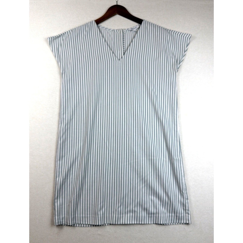 Madewell Button-Back Striped‎ Tunic Shift Dress Womens Size M Green Cream V-Neck